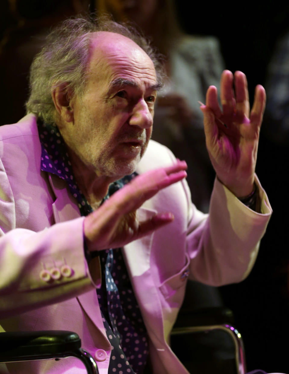 This March 6, 2013 photo shows director George Sluizer gesturing during a reception before the U.S. premiere of his film, “Dark Blood,” starring River Phoenix, at the Miami International Film Festival in Miami. Phoenix, a rising star from "Stand by Me" and "My Own Private Idaho" was 23 when he died of heart failure after overdosing on heroin and cocaine in 1993 while working on the film. (AP Photo/Wilfredo Lee)