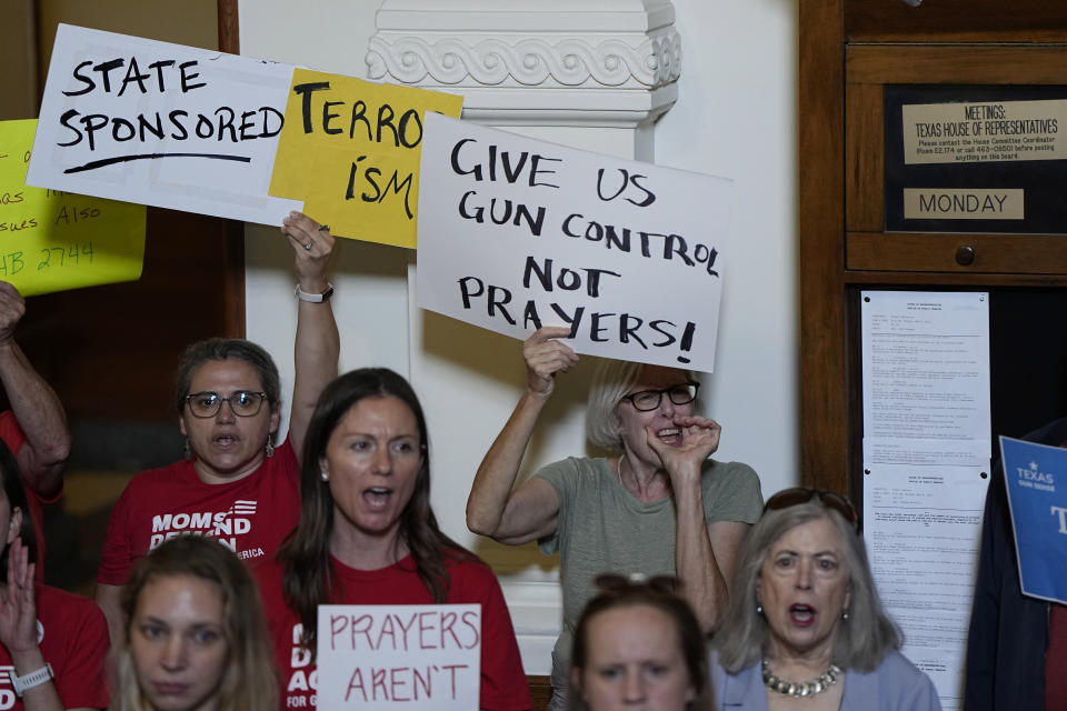 Protesters gather at the Texas State Capitol in Austin, Texas, Monday, May 8, 2023, to call for tighter regulations on gun sales. A gunman killed several people at a Dallas-area mall Saturday. (AP Photo/Eric Gay)