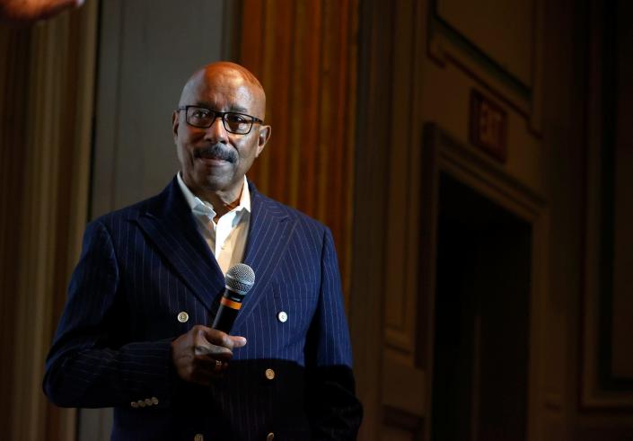 Ed Welburn, former General Motors Vice President of Global Design, listens to McKeel Hagerty, CEO of Hagerty, at the Detroit Institute of Arts in Detroit on Thursday, Aug. 2, 2022 during a preview of the Detroit Concours d'Elegance classic car show happening in September.