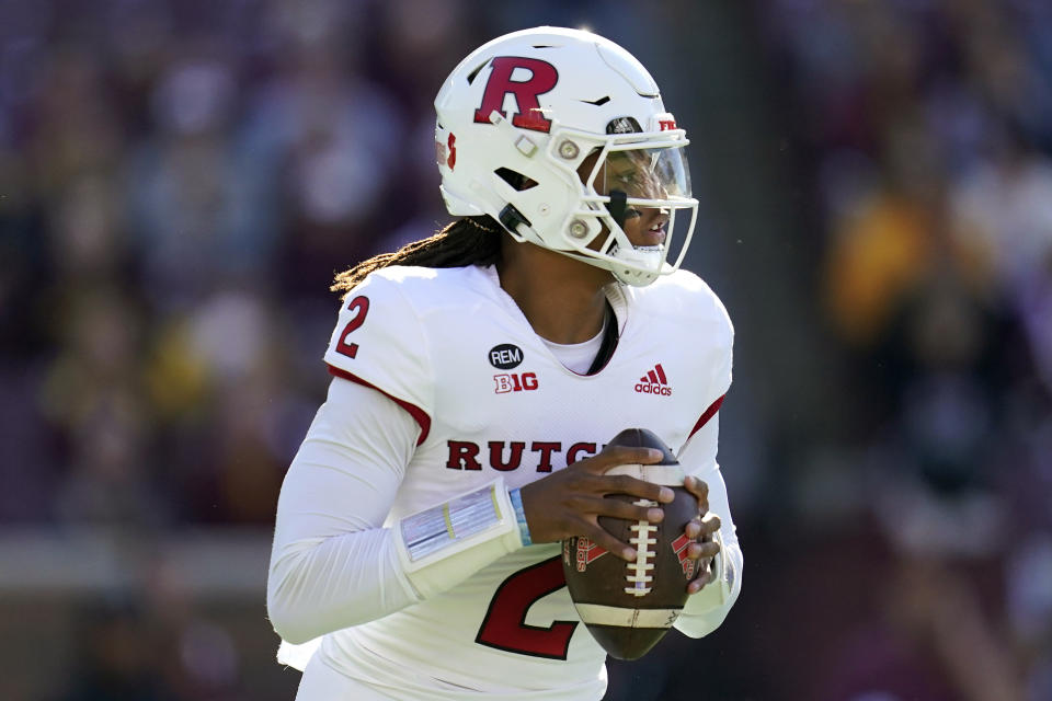 Rutgers quarterback Gavin Wimsatt looks to pass during the first half of an NCAA college football game against Minnesota, Saturday, Oct. 29, 2022, in Minneapolis. (AP Photo/Abbie Parr)