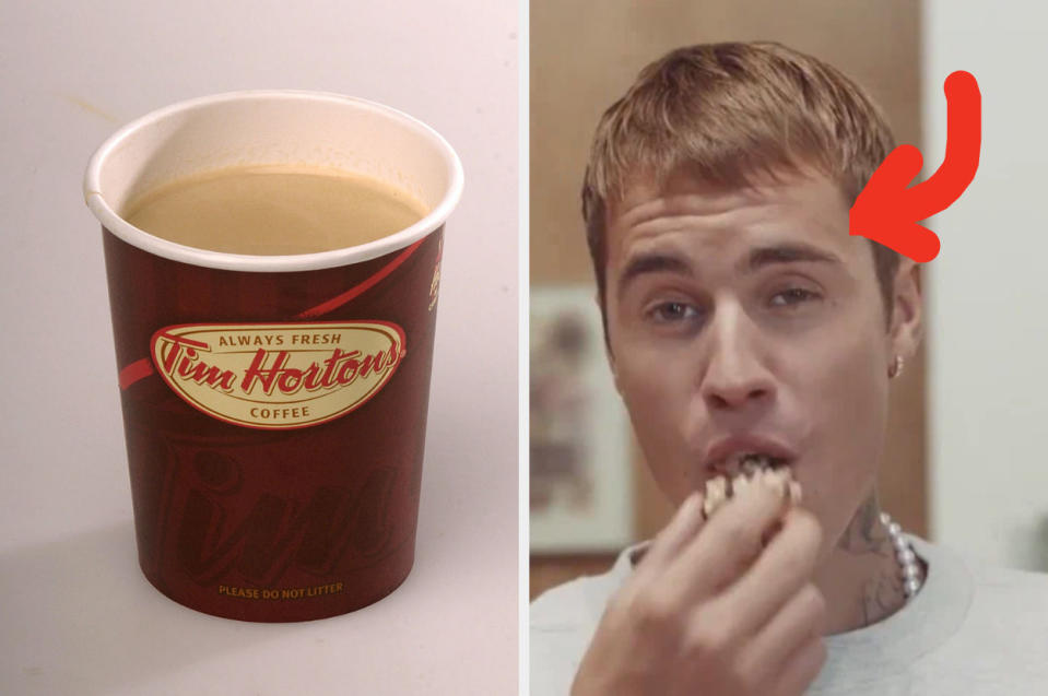 a Tim Horton's coffee and Justin Beiber eating