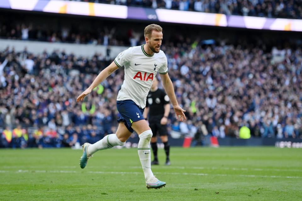 Harry Kane celebrates after scoring  against Brighton & Hove Albion in April (Getty Images)