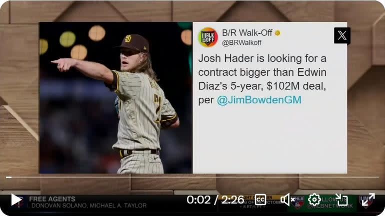 洋基、道奇和遊騎兵都對前教士終結者黑德（Josh Hader）有興趣。（圖／翻攝自MLB Network推特）