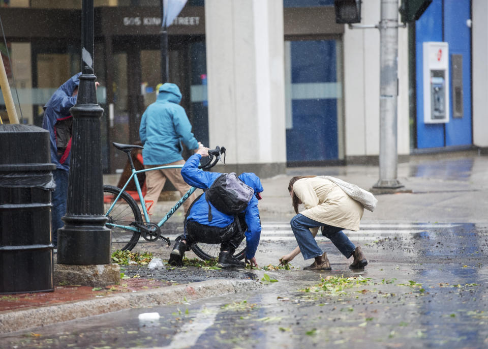 A cyclist and a woman stop to clear debris from the storm drain as rain falls in Fredericton, N.B. on Saturday, Sept. 16, 2023. Severe conditions were predicted across parts of Massachusetts and Maine, and hurricane conditions could hit the Canadian provinces of New Brunswick and Nova Scotia, where the storm, Lee, downgraded early Saturday from hurricane to post-tropical cyclone, was expected to make landfall later in the day. (Stephen MacGillivray /The Canadian Press via AP)