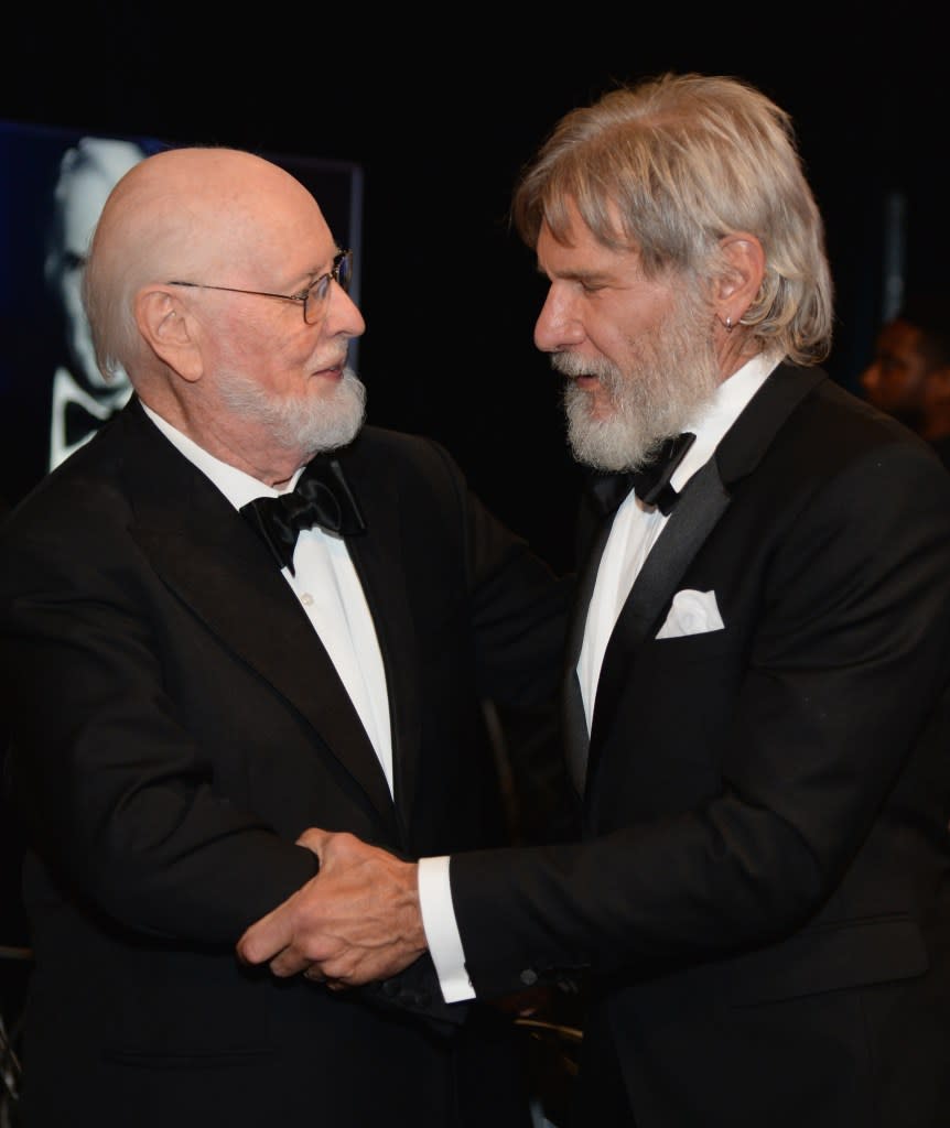 Harrison Ford with honoree John Williams in June 2016 at the American Film Institute’s 44th Life Achievement Award tribute to Williams. Getty Images for AFI