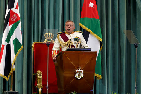 FILE PHOTO: Jordan's King Abdullah speaks during the opening of the third ordinary session of the 18th Parliament in Amman, Jordan October 14, 2018. REUTERS/Muhammad Hamed/File Photo