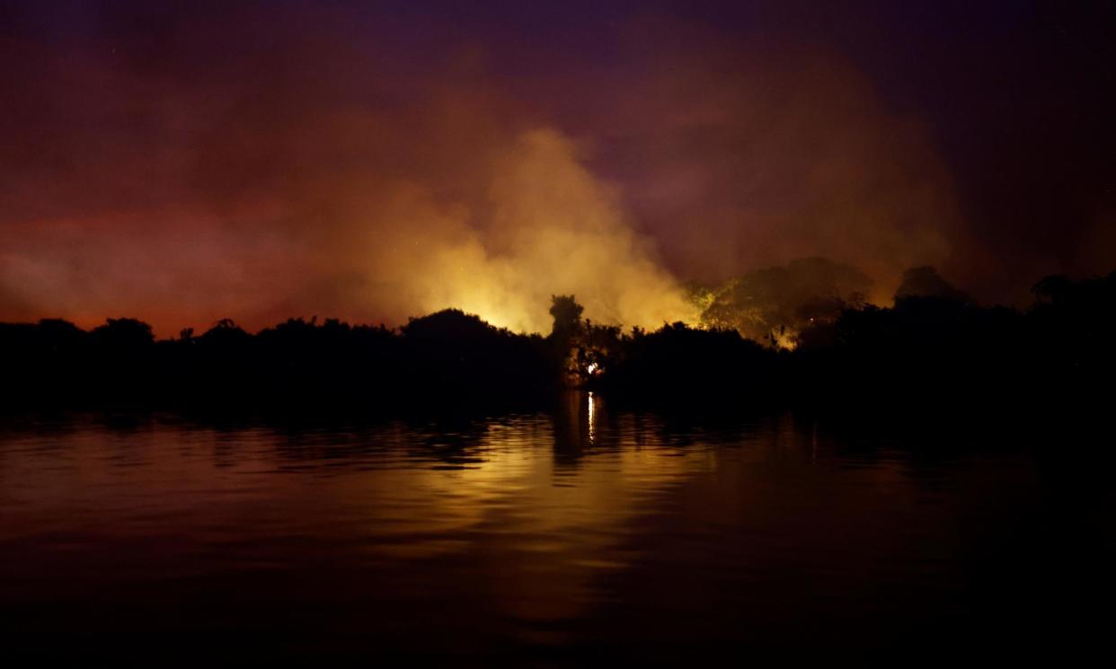 <span>Trees and vegetation burn in the Pantanal, the world's largest wetland, in Mato Grosso do Sul state, Brazil, in June.</span><span>Photograph: Ueslei Marcelino/Reuters</span>