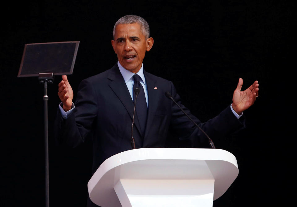 Former U.S. President Barack Obama delivers the 16th Nelson Mandela annual lecture, marking the centenary of the anti-apartheid leader’s birth, in Johannesburg, South Africa, July 17, 2018. In his highest-profile speech since leaving office, Obama urged people around the world to respect human rights and other values under threat in an address marking the 100th anniversary of anti-apartheid leader Nelson Mandela’s birth. REUTERS/Siphiwe Sibeko