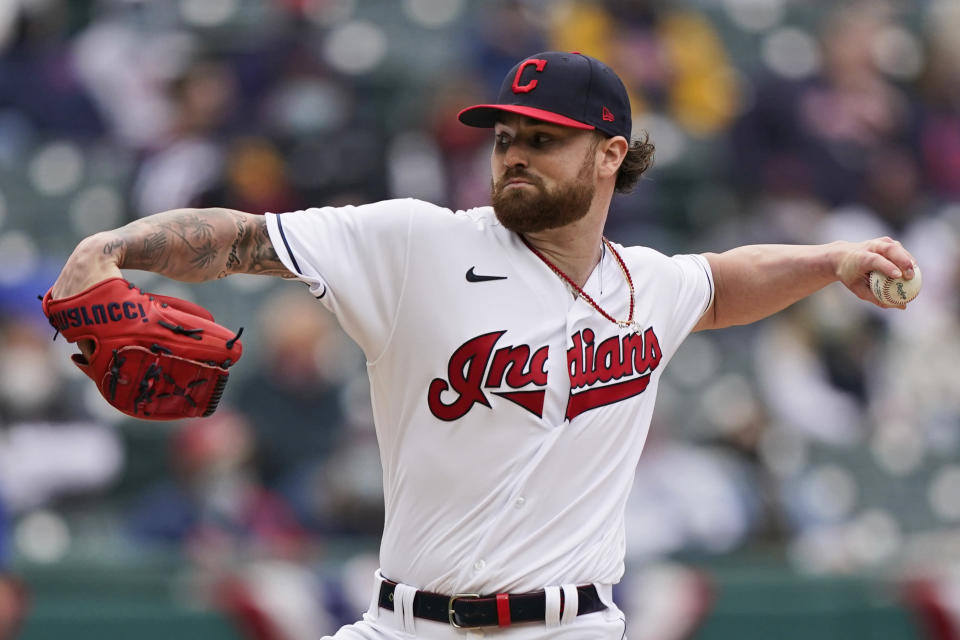 Cleveland Indians starting pitcher Logan Allen delivers in the first inning of a baseball game against the Kansas City Royals, Monday, April 5, 2021, in Cleveland. (AP Photo/Tony Dejak)