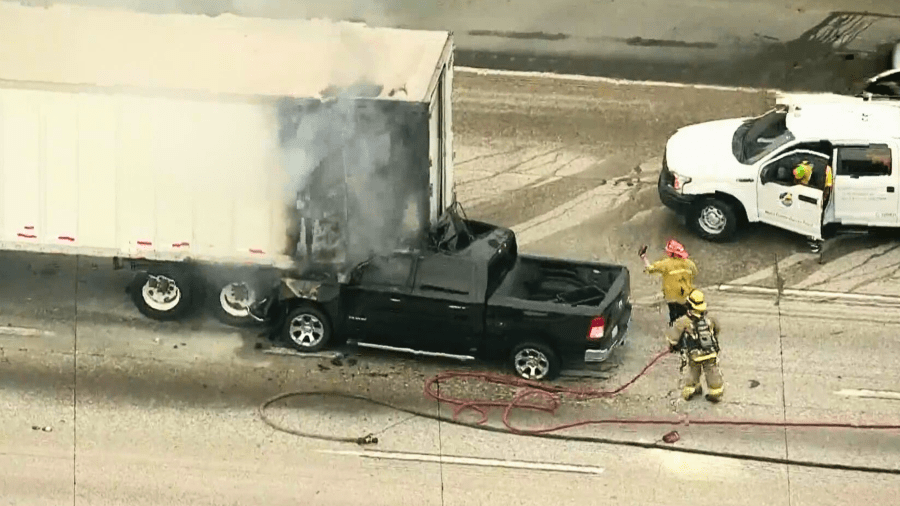 Sky5 was over a fiery crash on the 91 Freeway in the Bellflower area on May 10, 2024.
