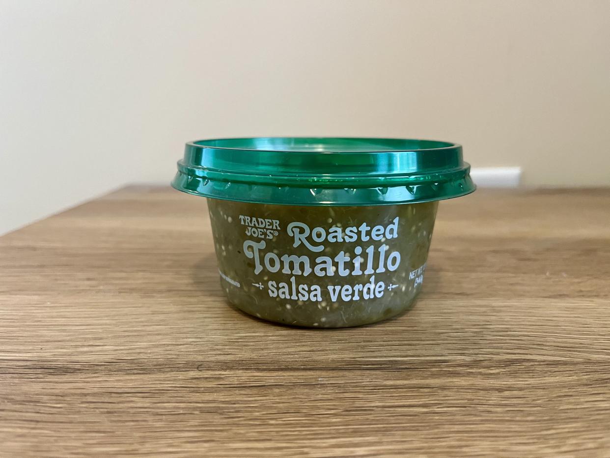 a tub of Roasted Tomatillo Salsa from trader joes