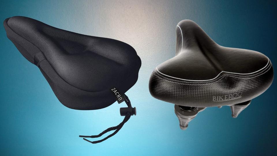 Two bike seat shown. On the left, the wide end is closets and on the right, the narrow end is closest, showing the padded surface. 