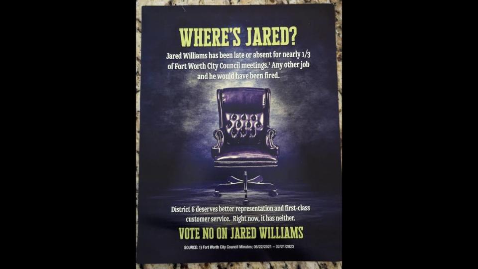 A copy of the campaign mailer from Colleyville-based Fort Worth Excellence PAC that made misleading claims about Fort Worth city council member Jared Williams.