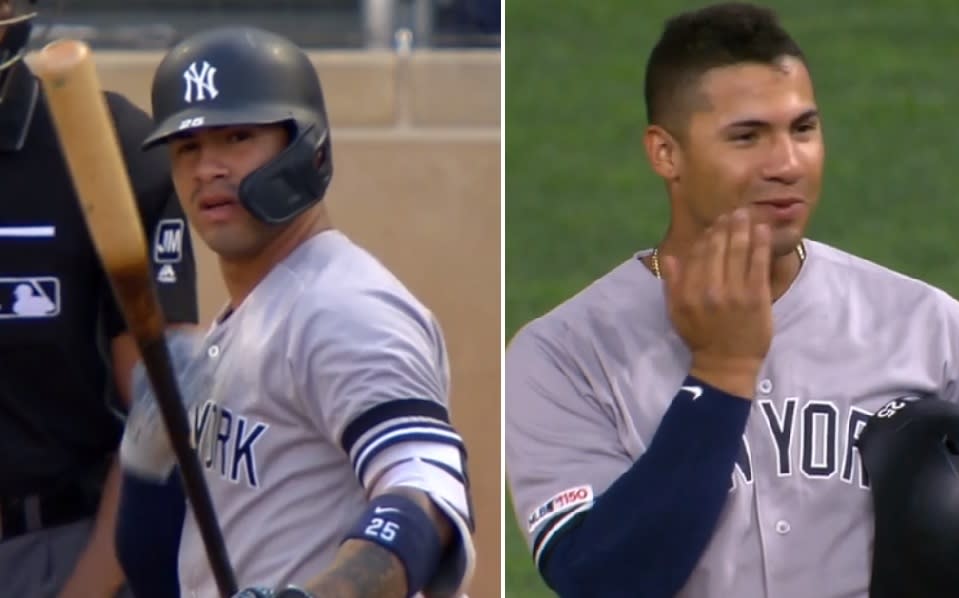 Yankees All-Star Gleyber Torres is one of three players to shave his mustache mid-game this past week. (MLB.TV)