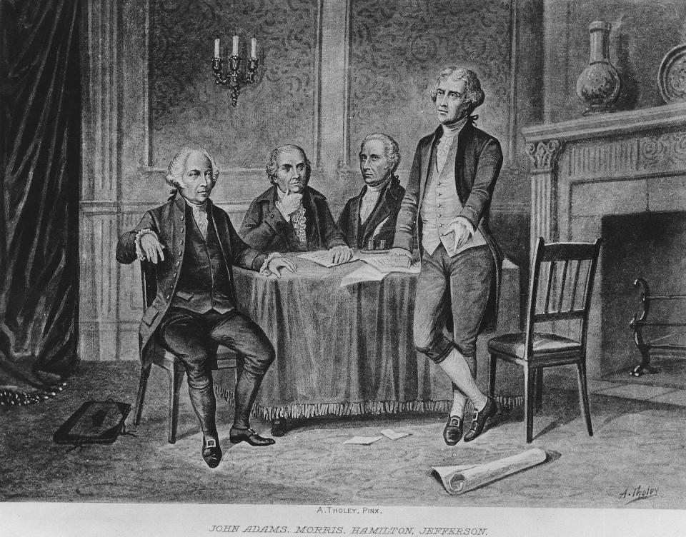 Thomas Jefferson, pictured on the far right, intended to establish a set of legislative rules to help provide order during a tumultuous time in the country’s founding years. <a href="https://media.gettyimages.com/id/545706723/photo/john-adams-robert-morris-alexander-hamilton-thomas-jefferson.jpg?s=1024x1024&w=gi&k=20&c=8FalQHIEjdWYV7vgiFv2vYTGx5pxJquH6oMK97rgUAQ=" rel="nofollow noopener" target="_blank" data-ylk="slk:ullstein bild/Getty Images;elm:context_link;itc:0;sec:content-canvas" class="link ">ullstein bild/Getty Images</a>