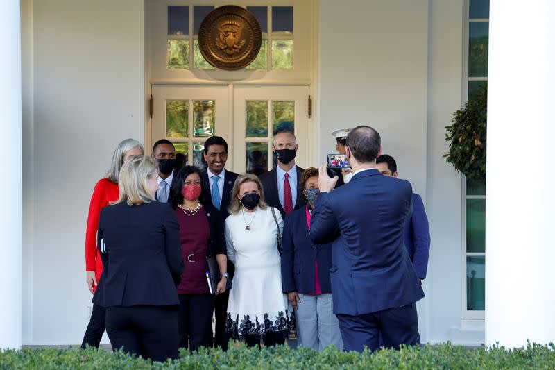 U.S. Rep. Jayapal leads a group of Democratic members of Congress after meeting with Biden on infrastructure at the White House