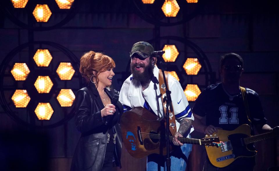 Reba McEntire and Post Malone perform a tribute to the late Dickey Betts at the 59th ACM Awards at the Ford Center at the Star in Frisco, Texas, Thursday, May 16, 2024.