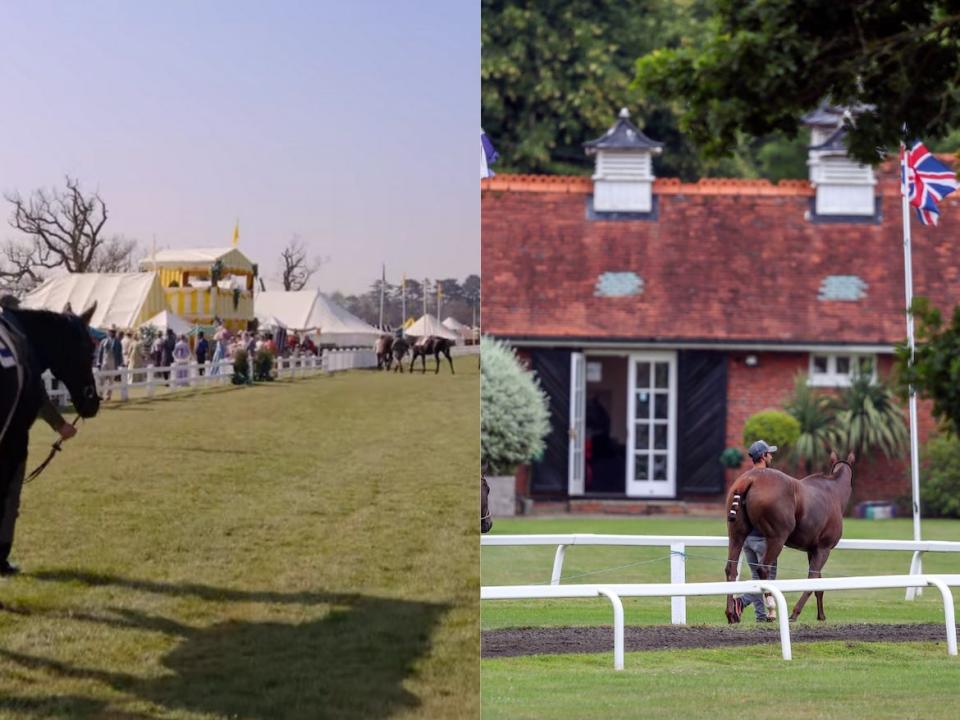 A horse and tents at a polo club in "Bridgerton" (left) and a horse and rider at the same club in reality (right).