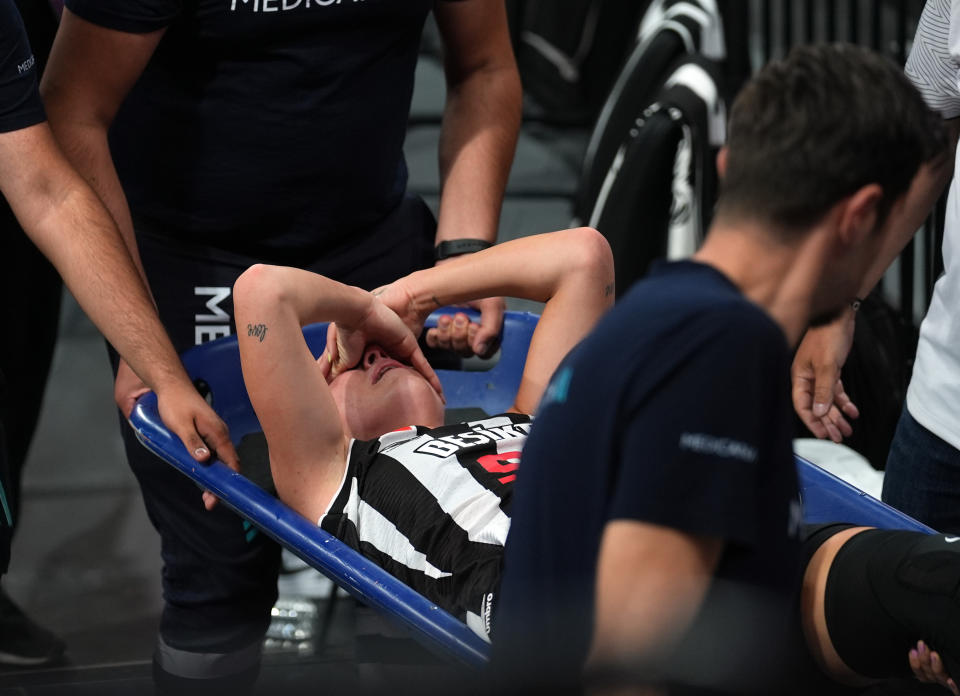 ISTANBUL, TURKEY – OCTOBER 3: Nika Muhl of Besiktas is injured during the FIBA ​​Women's Super Cup basketball game between Fenerbahce Opet and Besiktas at the Basketball Development Center in Istanbul, Turkey on October 3, 2024. The game was postponed yesterday because fans threw flammable materials and explosive materials on the pitch. (Photo by Esra Bilgin/Anadolu via Getty Images)