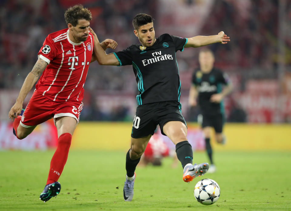 <p>Le jeu reprend ses droits à Munich. A noter l’entrée en jeu d’Asensio côté madrilène, à la place d’Isco qui semblait touché à l’épaule en première période. (Crédit Getty) </p>