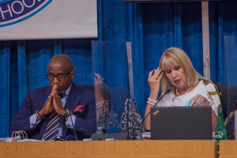 Vice Chair of Miami-Dade County School Board Dr. Steve Gallon III (left) and Board Member Mari Tere Rojasseen are seen at the Miami-Dade County School Board meeting on Wednesday, July 20, 2022 in Miami, Florida. Parents, students and Miami community members spoke during the meeting regarding the introduction of sexual health education textbooks titled “Comprehensive Health Skills” for middle and high schoolers in Miami-Dade County Public Schools.