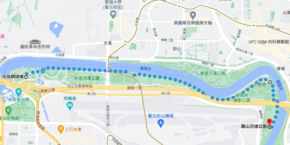 想透過跑 10K 測 PB，大佳河濱公園也有這樣的距離讓你練習。（圖/google map）