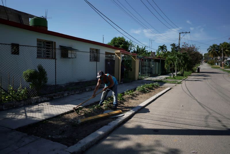 Luis Ledesma trabajando en su plantación de batatas en el frente de su casa en La Habana, en medio de la pandemia de coronavirus