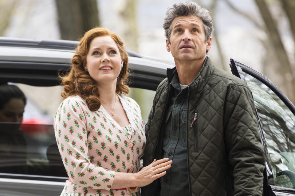 NEW YORK, NEW YORK - APRIL 05: Amy Adams (L) and Patrick Dempsey are seen filming "Disenchanted" in the Upper West Side on April 05, 2022 in New York City. (Photo by Gotham/GC Images)