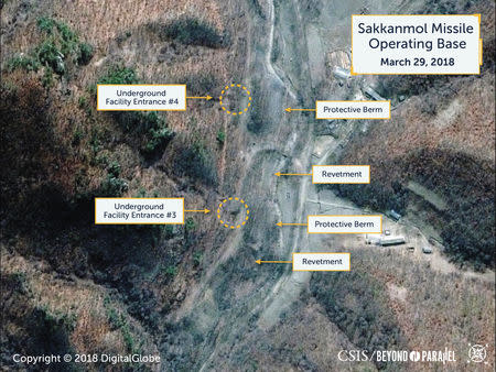 A Digital Globe satellite image taken on March 29, 2018 shows what the Washington, D.C.-based Center for Strategic and International Studies (CSIS) Beyond Parallel project reports is an undeclared missile operating base at Sakkanmol, North Korea and provided to Reuters on November 12, 2018. CSIS/Beyond Parallel/DigitalGlobe 2018/Handout via REUTERS