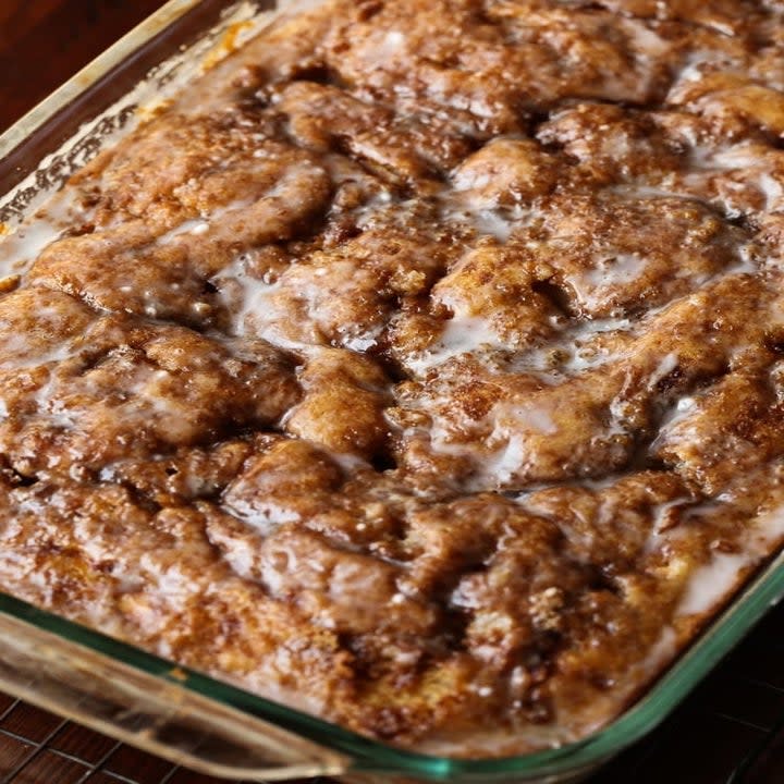 An apple fritter cake in a baking dish.