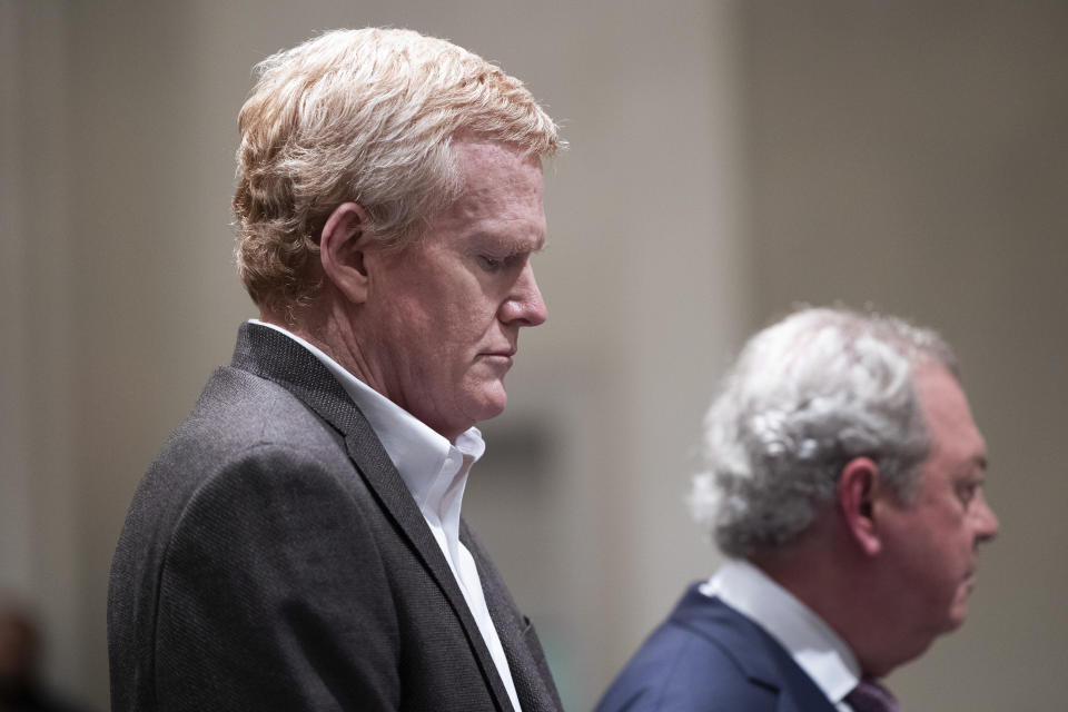 Alex Murdaugh stands in the courtroom at the Colleton County Courthouse in Walterboro, S.C., Thursday, March 2, 2023. Murdaugh was found guilty Thursday on two counts of murder in the shooting deaths in June 2021 of his wife and son. (Joshua Boucher/The State via AP, Pool)