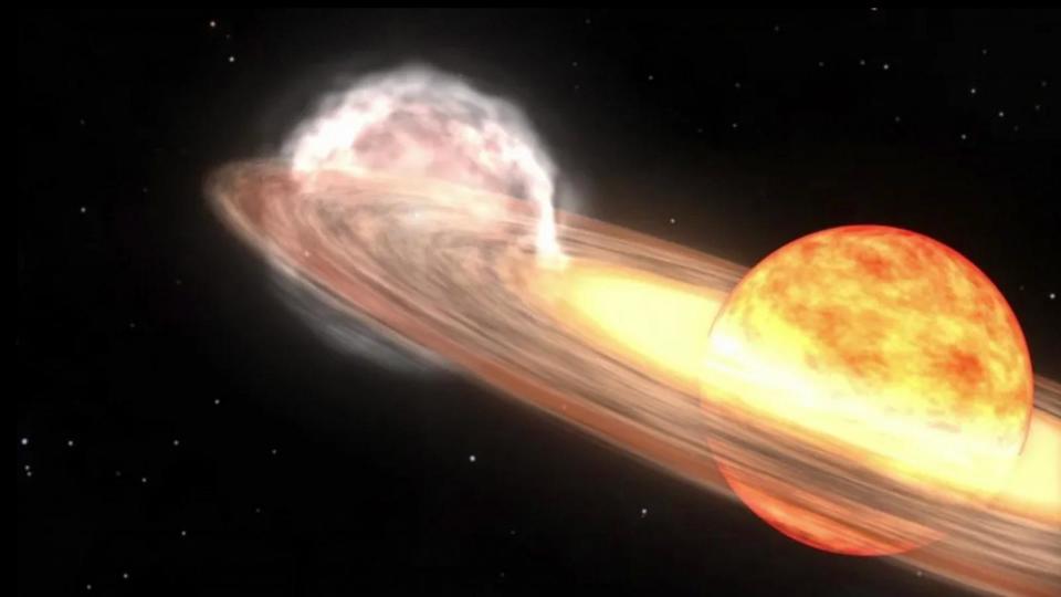 PHOTO: A red giant star and white dwarf orbit each other in this animation of a nova similar to T Coronae Borealis.  (NASA/Goddard Space Flight Center)