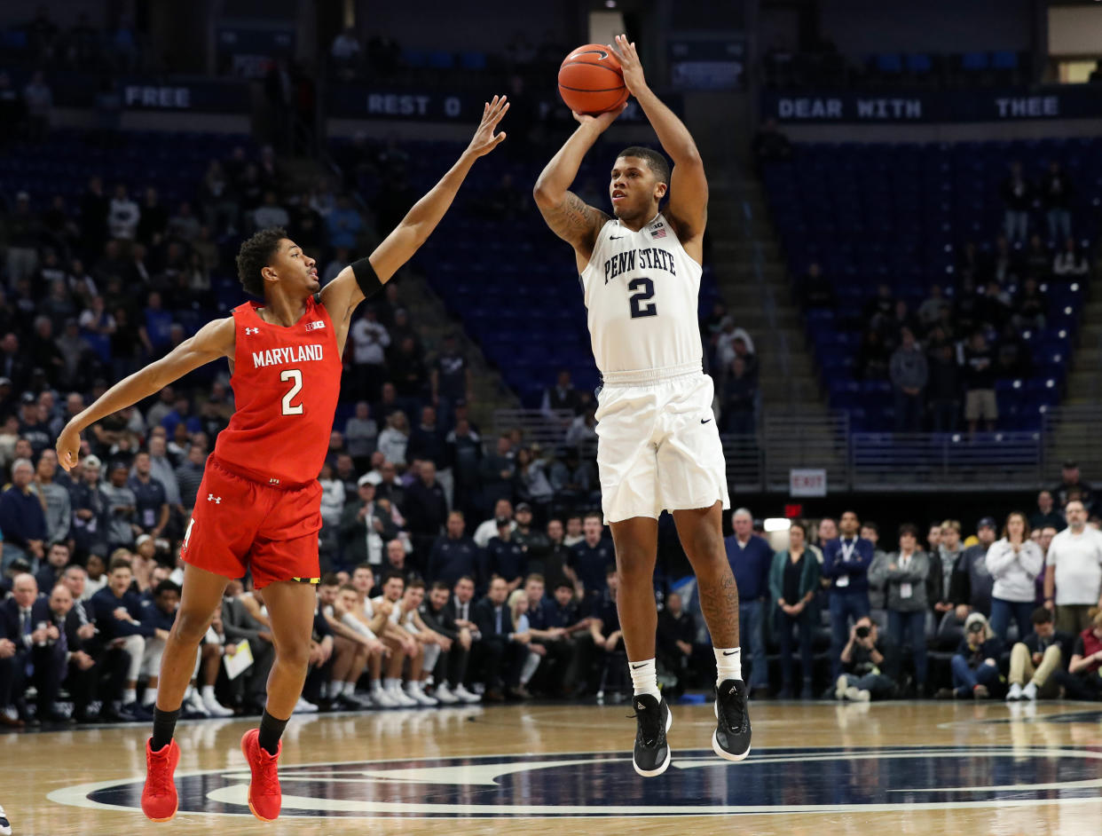 Dec 10, 2019; University Park, PA, USA; Penn State Nittany Lions guard Myles Dread (2) shoots the ball as Maryland Terrapins guard Aaron Wiggins (2) defends during the first half at Bryce Jordan Center. Mandatory Credit: Matthew O'Haren-USA TODAY Sports