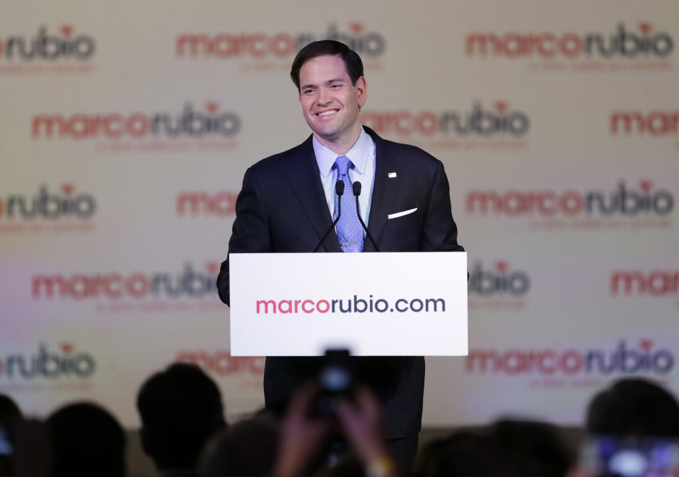 Sen. Marco Rubio (R-Fla.) smiles as he speaks to supporters as he announces that he is running for the Republican presidential nomination, during a rally at the Freedom Tower, Monday, April 13, 2015, in Miami. (AP Photo/Wilfredo Lee)
