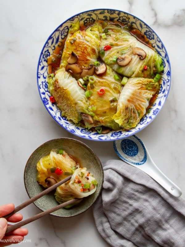 <p>Woon Heng</p><p>Seared and then served with a sweet and spicy sauce for a delicious and quick meal. </p><p><strong>Get the recipe:</strong> <a href="https://woonheng.com/sticky-rice-cabbage-rolls/" rel="nofollow noopener" target="_blank" data-ylk="slk:Napa Cabbage Sticky Rice Rolls;elm:context_link;itc:0;sec:content-canvas" class="link ">Napa Cabbage Sticky Rice Rolls</a></p>