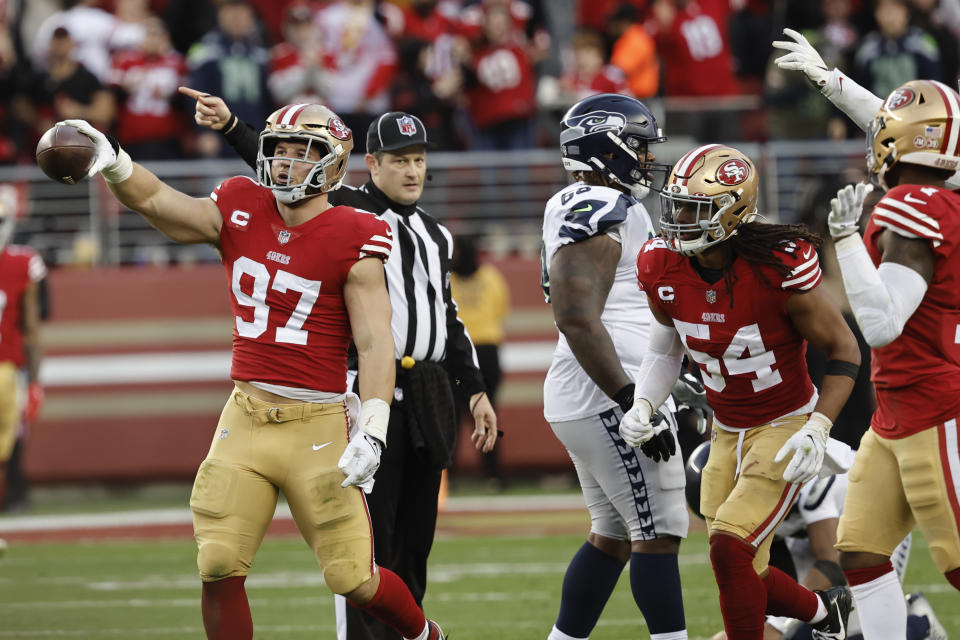 Nick Bosa (97) and the 49ers defense came up big in the second half against the Seahawks during NFL wild-card weekend. (AP Photo/Josie Lepe)