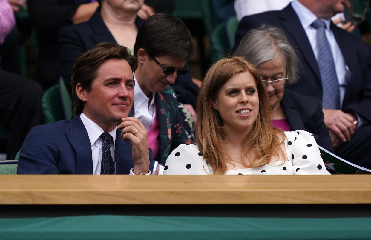 Edoardo Mapelli Mozzi and Princess Beatrice in the Royal Box at Centre Court on day ten of Wimbledon at The All England Lawn Tennis and Croquet Club, Wimbledon. Picture date: Thursday July 8, 2021. (Photo by John Walton/PA Images via Getty Images)