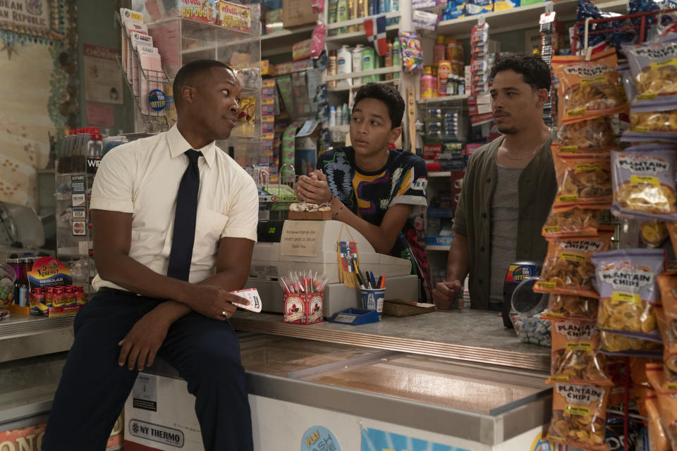 Ramos, right, with co-stars Corey Hawkins and Gregory Diaz IV (Macall Polay/Warner Bros/PA)