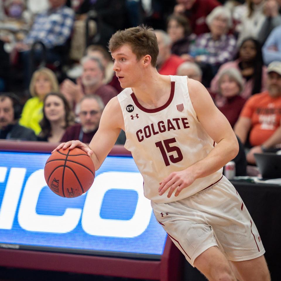 Colgate's Tucker Richardson dribbles the ball inside Cotterell Court at Colgate University in Hamilton, NY on Wednesday, March 8, 2023. Colgate went on to defeat Lafayette 79-61 to win the Patriot League Championship.