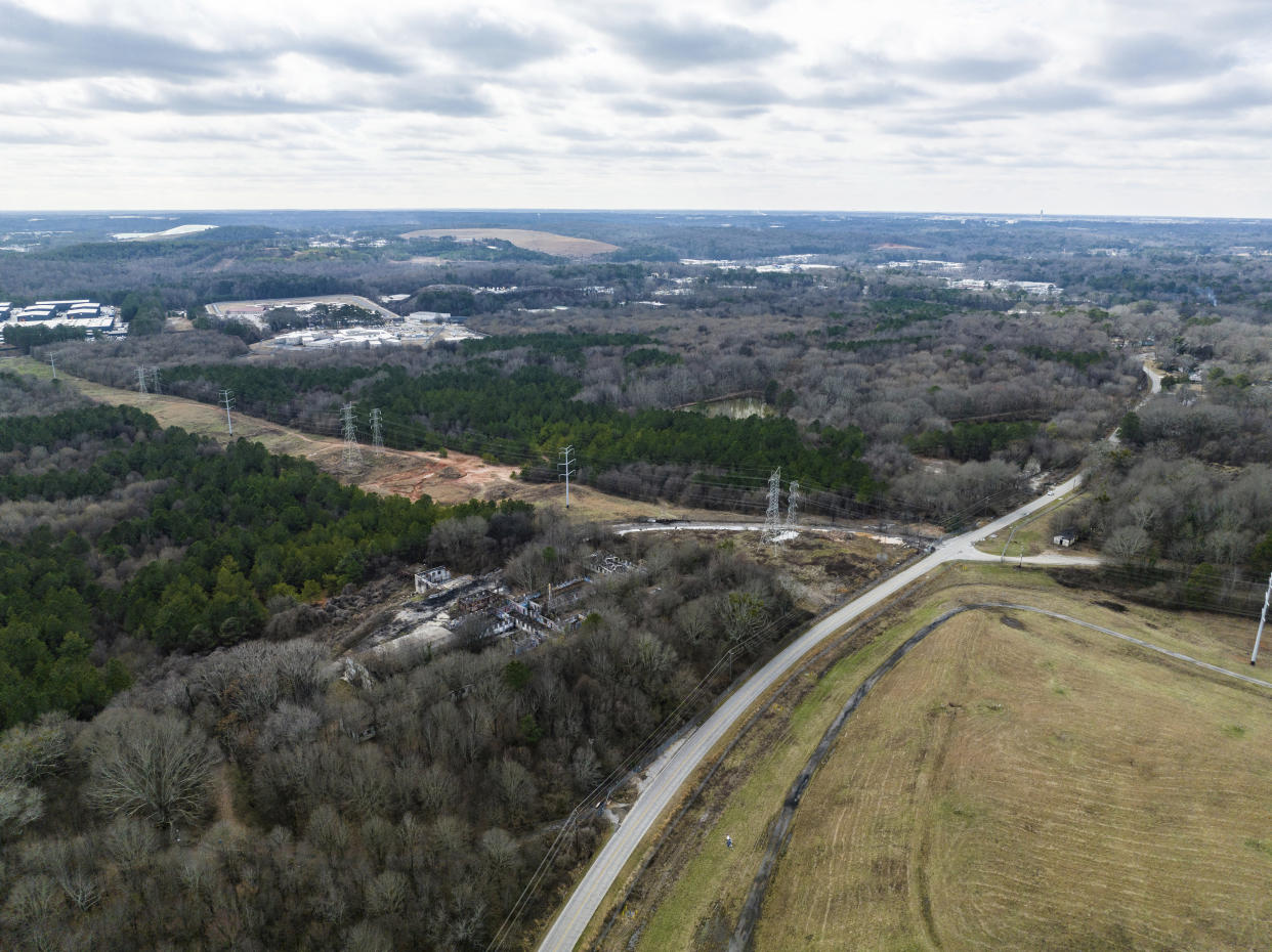 In this aerial view, land owned by the city of Atlanta is shown, Thursday, Jan. 26, 2023, in unincorporated DeKalb County. The Atlanta City Council has approved plans to lease the land to the Atlanta Police Foundation so it can build a state-of-the-art police and firefighter training center, a project that protesters derisively call “Cop City.” (AP Photo/Danny Karnik)