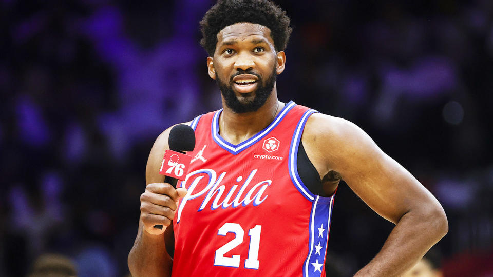 Joel Embiid, pictured here addressing Philadelphia 76ers fans before their game against the Brooklyn Nets.