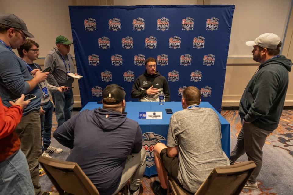 Penn State tight end Theo Johnson addresses the media Wednesday during a news conference prior to the 2023 Chick-fil-A Peach Bowl in Atlanta. Penn State will face Ole Miss in the college football bowl game on Saturday.