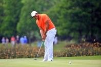 Apr 29, 2016; Avondale, LA, USA; Jhonattan Vegas putts on the 18th hole during the continuation of the first round following weather delays for the 2016 Zurich Classic of New Orleans at TPC Louisiana. Mandatory Credit: Derick E. Hingle-USA TODAY Sports