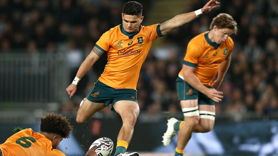 Noah Lolesio's inaccurate kicking hurt the Wallabies' chances against the All-Blacks on Saturday night. (Photo by Anthony Au-Yeung/Getty Images)