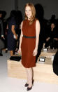 <b>Jessica Chastain <br></b><br>The Zero Dark Thirty actress donned a terracotta shift dress for the Calvin Klein show.<br><br>Image © Rex