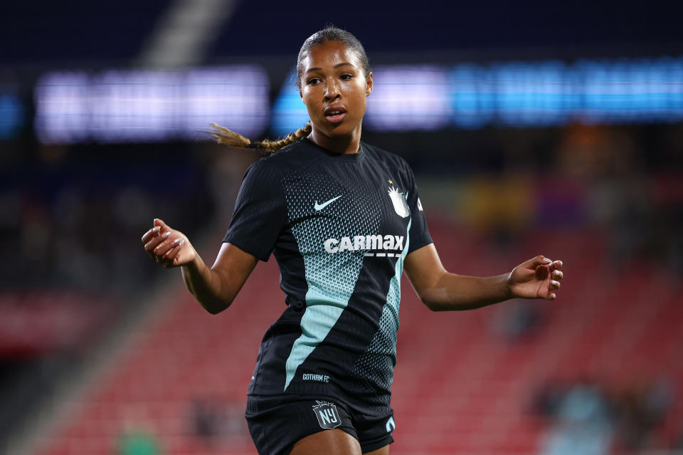 Mar 15, 2024; Harrison, New Jersey, USA; NJ/NY Gotham FC forward Midge Purce (23) in action during the first half of the 2024 UKG NWSL Challenge Cup against the San Diego Wave FC at Red Bull Arena. Mandatory Credit: Vincent Carchietta-USA TODAY Sports