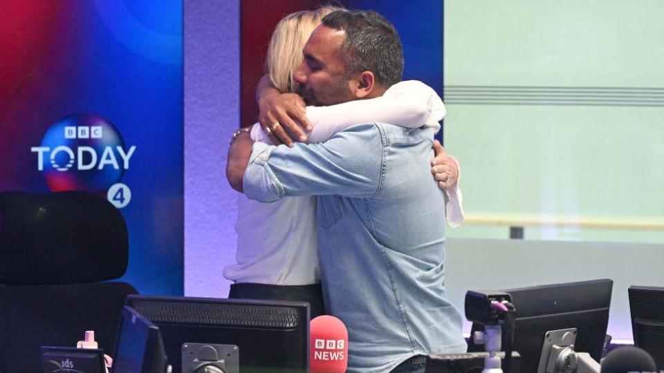 Emma Barnett and Amol Rajan hugging in the Today programme studio