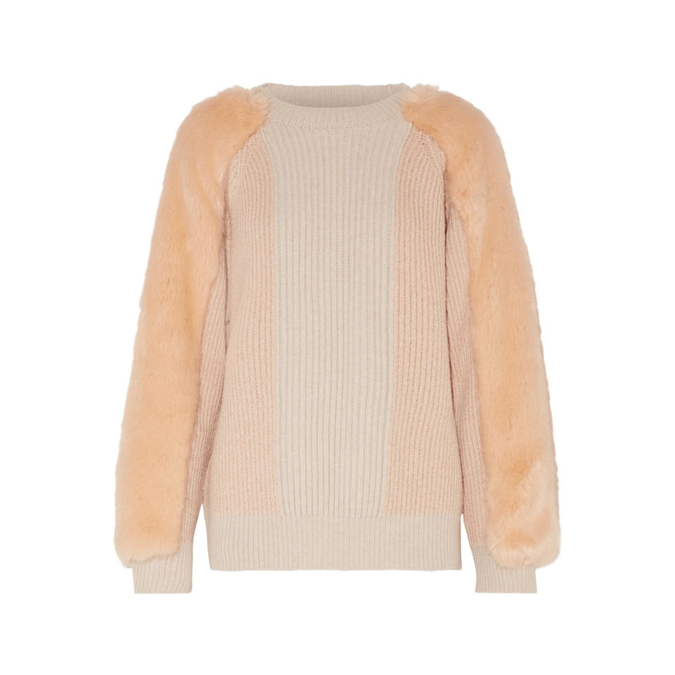 FAUX FUR-PANELED RIBBED WOOL SWEATER