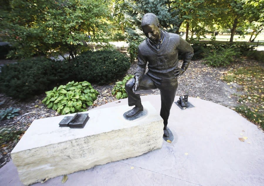 The Jack Trice statue stands on the Iowa State University campus in Ames, Iowa, in October 2023. (Nirmalendu Majumdar/Ames Tribune via AP)