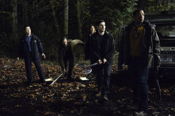 Reggie Lee as Sergeant Wu, Silas Weir Mitchell as Monroe, Bree Turner as Rosalee Calvert, David Giuntoli as Nick Burkhardt, and Russell Hornsby as Hank Griffin (Photo: Allyson Riggs/NBC)